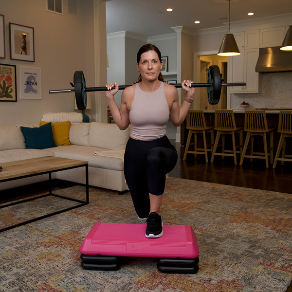 The Step Circuit Size Platform with Four Freestyle Risers from Lifeline Fitness for Steppers for Exercise at Home and Mini Stepper, in Pink compared to Perform Fitness. 