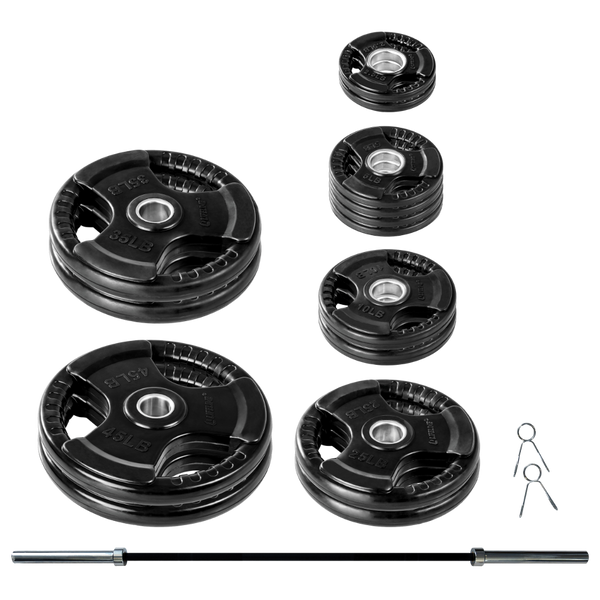 The Lifeline Olympic Bumper Plate Set with Bar from Lifeline Fitness for Weights and Weight Lifting Weights compared to Rogue Fitness. 