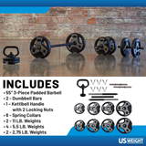 US Weight 56 Pound Adjustable Weight Set with Barbell, Dumbbells, and Kettlebell Handle – Versatile Exercise Equipment for Home Gym Workouts