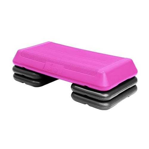 The Step Circuit Size Platform with Four Freestyle Risers from Lifeline Fitness for High Step and Home, in Pink compared to Elivate Fitness. 