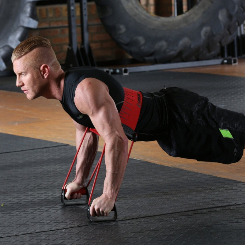 The Power Pushup from Lifeline Fitness Resistance bands for Training, compared to Power System, in Red. 