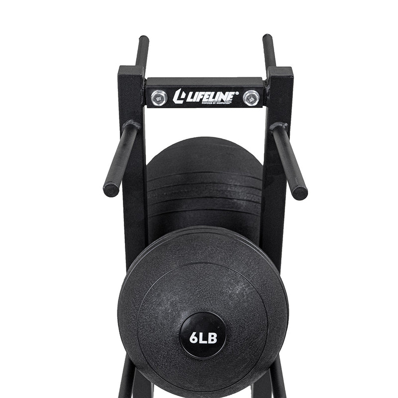 The Slam Ball Rack from Lifeline Fitness for Rubber slam balls and Medicine Balls, compared to Iron Company. 