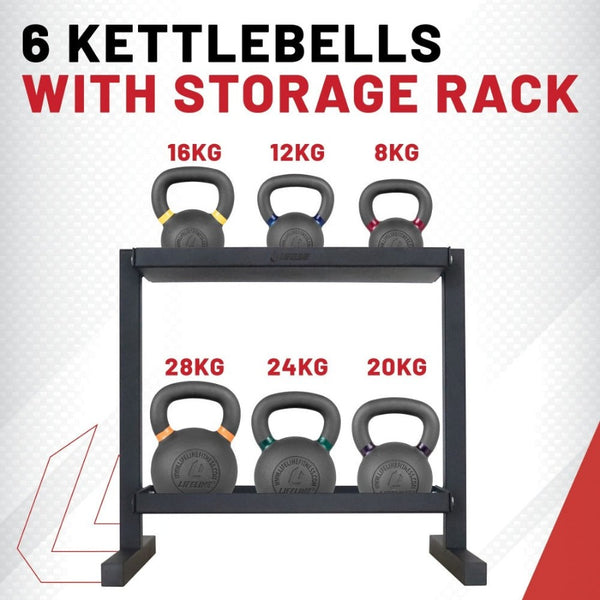 The Six Kettlebell Set with Storage Rack from Lifeline Fitness for Kettlebell and Workouts using kettlebells, compared to REP Fitness. 