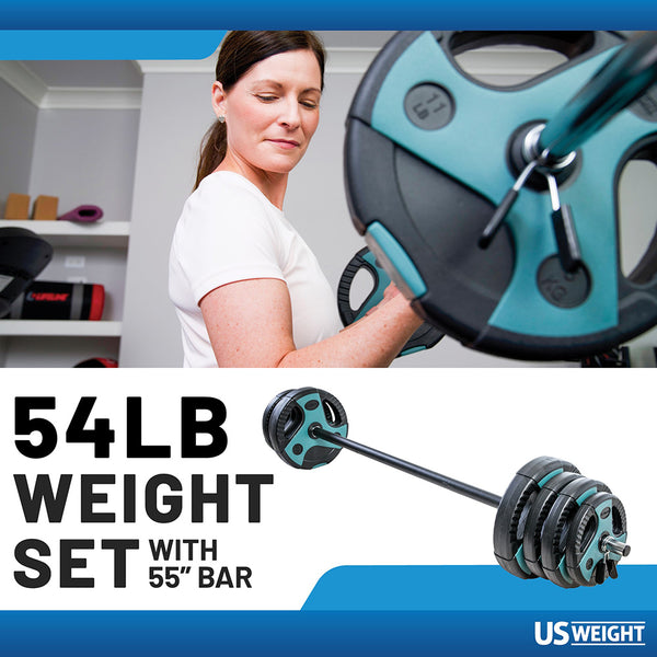 The US Weight 54lb Weight Set With 55” Bar from Lifeline Fitness for Barbells and Weight Plates compared to Force USA. 