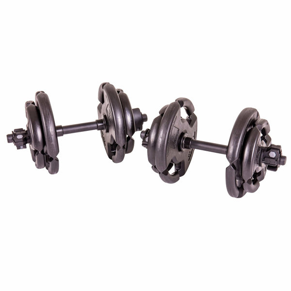The Step Fitness Adjustable Dumbbell Set 35lbs with Dumbbell Bar, Collars, and Weights from Lifeline Fitness for Fitness and Home Gym. 