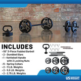 US Weight 43 Pound Adjustable Weight Set with 55" Barbell, Dumbbells, and Kettlebell Handle – Versatile Exercise Equipment for Home Gym Workouts