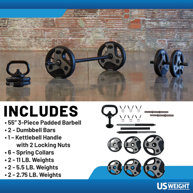 US Weight 43 Pound Adjustable Weight Set with 55" Barbell, Dumbbells, and Kettlebell Handle – Versatile Exercise Equipment for Home Gym Workouts