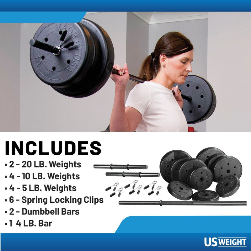 The US Weight 105 Pound Barbell Weight Set for Home Gym| Adjustable Weight Set with Two Dumbbell Bars and Full 6 Ft Bar from Lifeline Fitness for Barbell and Bench Weight Set compared to Fitness Factory. 