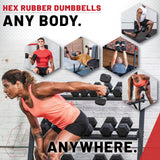 The Hex Rubber Dumbbell Set With Rack from Lifeline Fitness for Dumb Bells and dumbbell triceps exercises.