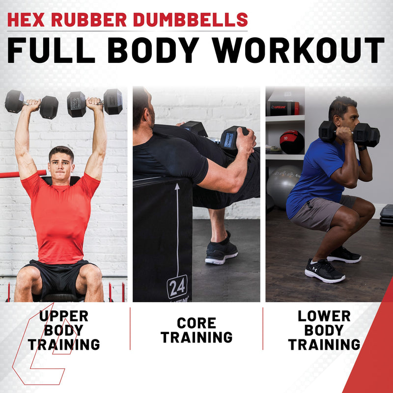 The Hex Rubber Dumbbell Set With Rack from Lifeline Fitness for Dumb Bells and Weights.