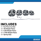 US Weight 60lb Curl Bar Weight Set with Spring Clips – Adjustable Workout Set for Home Gym - Ideal Exercise Equipment for Full-Body Training