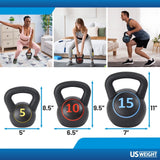 The US Weight Plastic Kettlebell Set- 5, 10, and 15 Pound Kettlebells from Lifeline Fitness for Workouts using kettlebells and Kettlebell Exercises. 