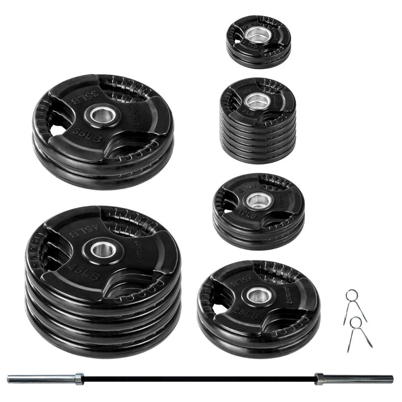 The Lifeline Olympic Bumper Plate Set with Bar from Lifeline Fitness for Bench Weight Set and Weightlifting set.