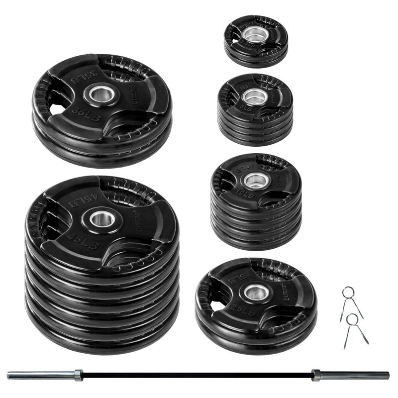 The Lifeline Olympic Bumper Plate Set with Bar from Lifeline Fitness for Home Gym and Weightlifting set. 