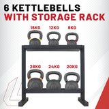 The Six Kettlebell Set with Storage Rack from Lifeline Fitness for Kettlebell and Workouts using kettlebells, compared to REP Fitness. 