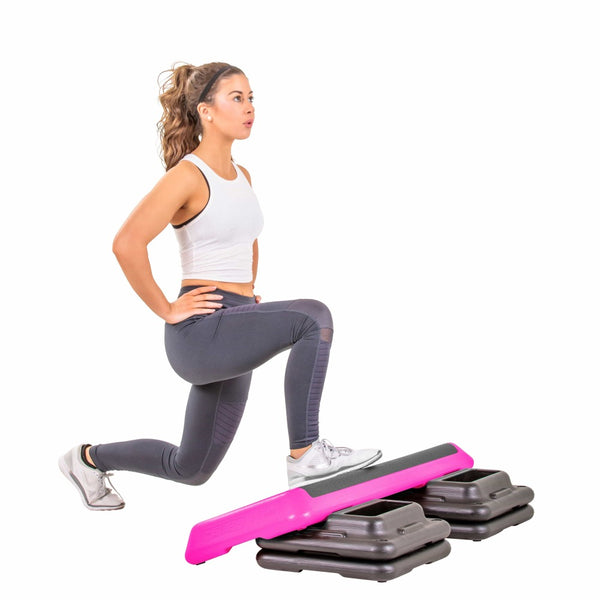 The Step Club Size Platform With Two Freestyle Risers and Two Original Risers from Lifeline Fitness for Steppers for Exercise at Home and Mini Stepper, in Pink compared to Perform Fitness. 