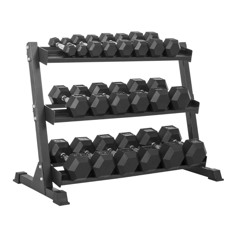 The Hex Rubber Dumbbell Set With Rack from Lifeline Fitness for Dumb Bells and Weights. 