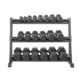 The Hex Rubber Dumbbell Set With Rack from Lifeline Fitness for Dumb Bells and dumbbell triceps exercises. 