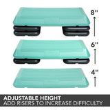 The Step Circuit Size Platform with Four Freestyle Risers from Lifeline Fitness for High Step and Home, in Teal compared to Elivate Fitness. 